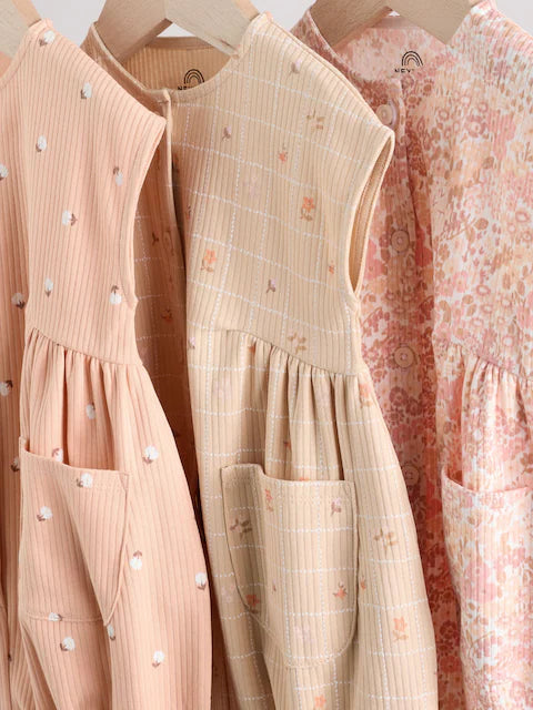 Caramel And Ecru Floral Button Through 3 Pack Baby Rompers