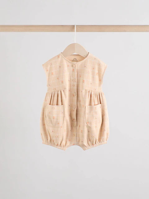 Caramel And Ecru Floral Button Through 3 Pack Baby Rompers
