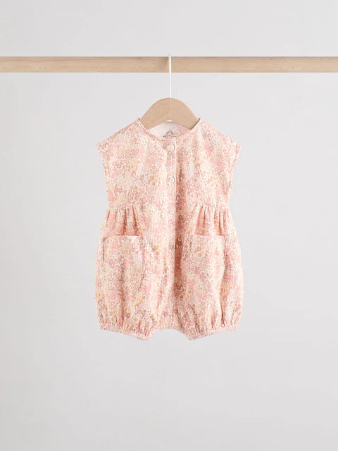 Caramel And Ecru Floral Button Through 3 Pack Baby Rompers