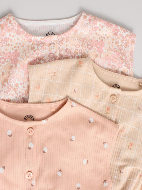 Caramel And Ecru Floral Button Through 3 Pack Baby Rompers