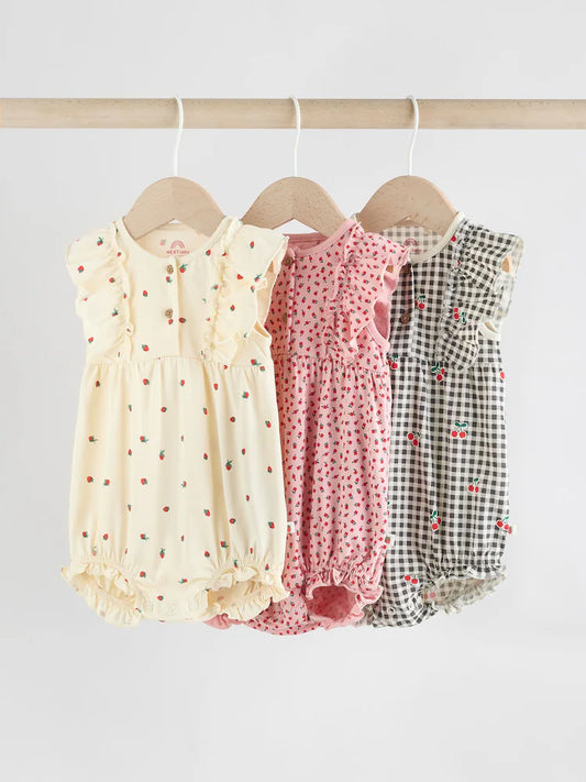 Monochrome Printed 3 Pack Frill Sleeve Baby Rompers