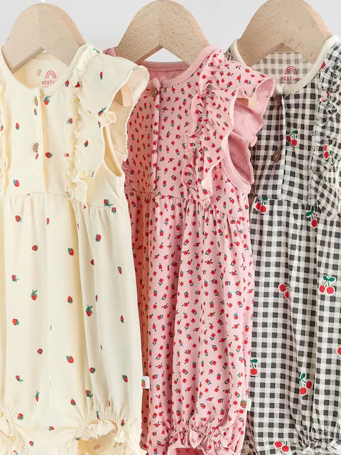 Monochrome Printed 3 Pack Frill Sleeve Baby Rompers