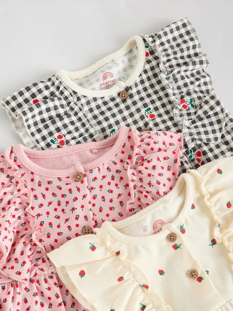 Monochrome Printed 3 Pack Frill Sleeve Baby Rompers