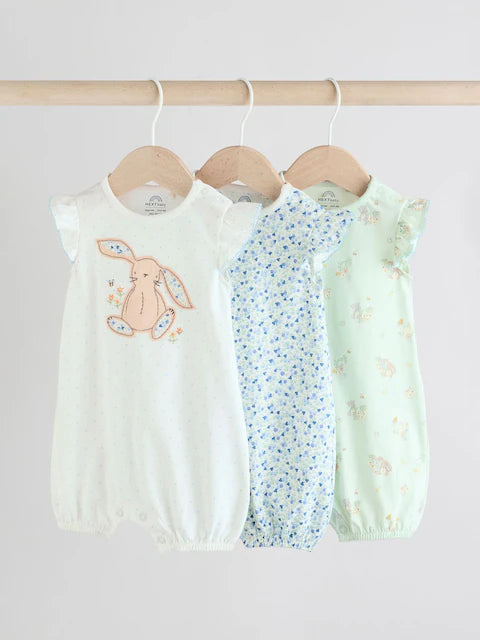 Blue Bunny Embroidered 3 Pack Frill Shoulder Baby Rompers