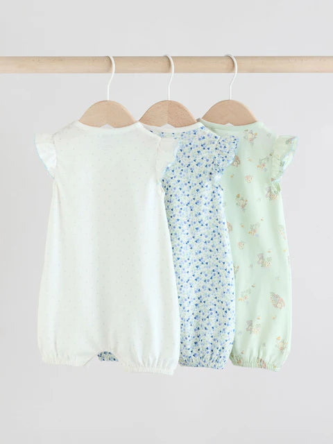Blue Bunny Embroidered 3 Pack Frill Shoulder Baby Rompers