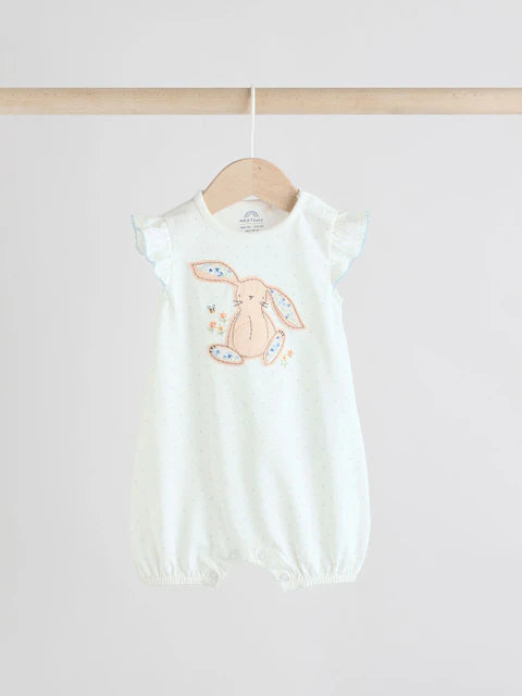 Blue Bunny Embroidered 3 Pack Frill Shoulder Baby Rompers