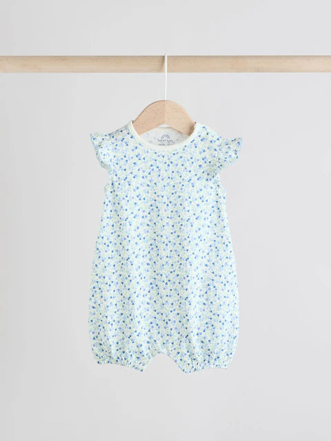 Blue Bunny Embroidered 3 Pack Frill Shoulder Baby Rompers