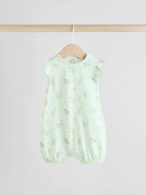 Blue Bunny Embroidered 3 Pack Frill Shoulder Baby Rompers