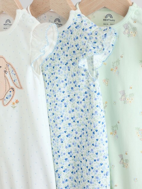 Blue Bunny Embroidered 3 Pack Frill Shoulder Baby Rompers