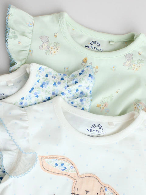 Blue Bunny Embroidered 3 Pack Frill Shoulder Baby Rompers