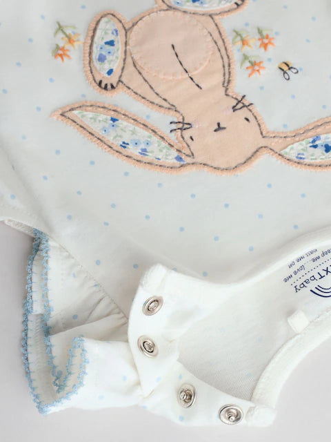Blue Bunny Embroidered 3 Pack Frill Shoulder Baby Rompers