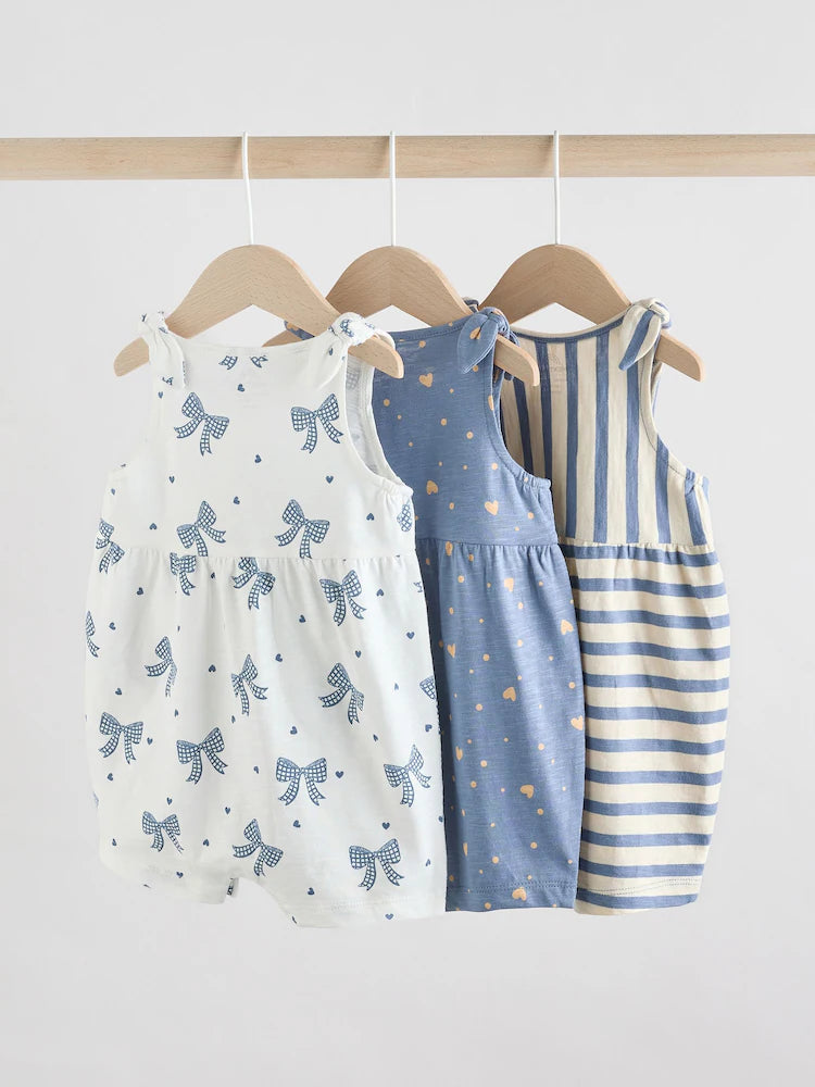 Navy Stripe and Bow Printed 100% Cotton Baby Jersey Rompers 3 Pack