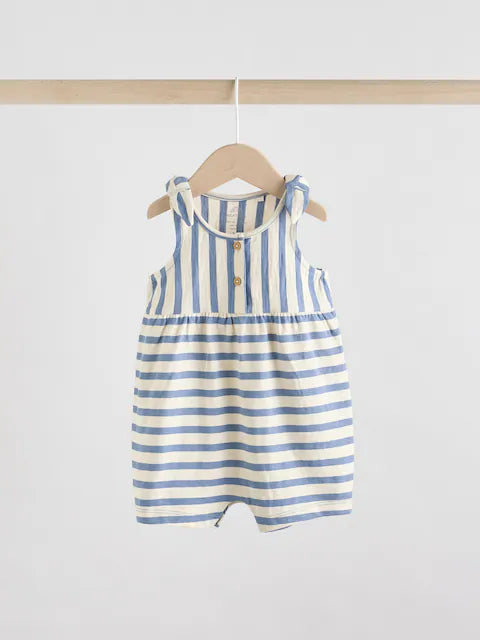 Navy Stripe and Bow Printed 100% Cotton Baby Jersey Rompers 3 Pack