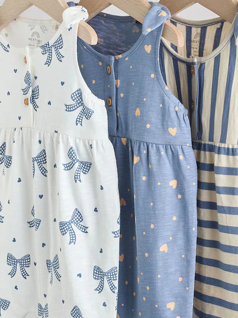 Navy Stripe and Bow Printed 100% Cotton Baby Jersey Rompers 3 Pack