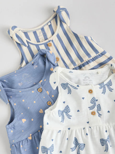 Navy Stripe and Bow Printed 100% Cotton Baby Jersey Rompers 3 Pack