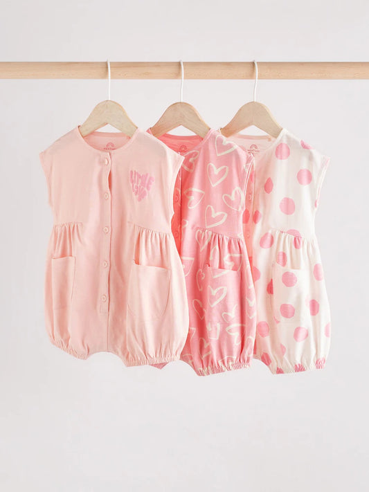 Pink/White Printed Button Through 3 Pack Baby Rompers