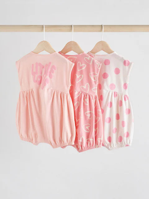 Pink/White Printed Button Through 3 Pack Baby Rompers