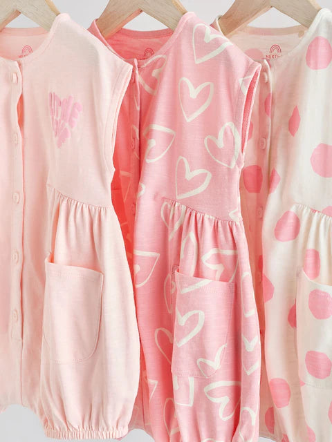 Pink/White Printed Button Through 3 Pack Baby Rompers