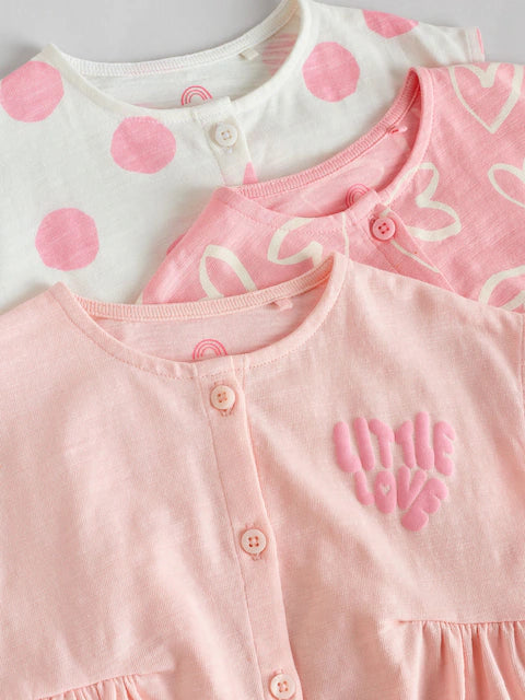 Pink/White Printed Button Through 3 Pack Baby Rompers