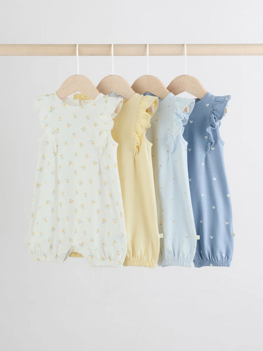 Blue and White Floral Printed Baby Rompers 4 Pack