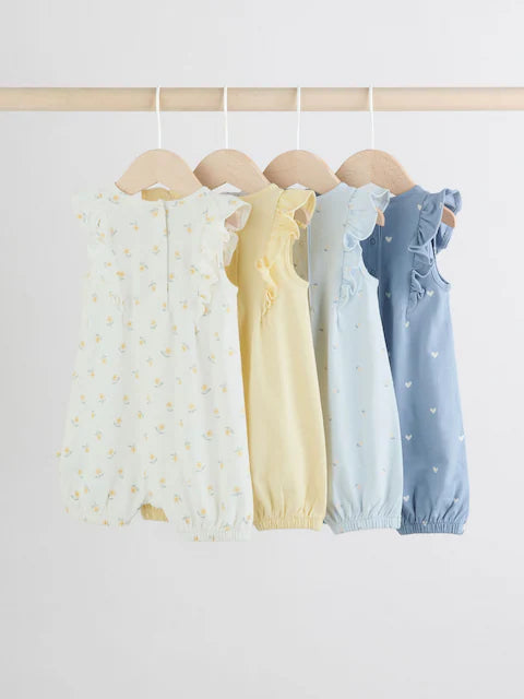 Blue and White Floral Printed Baby Rompers 4 Pack