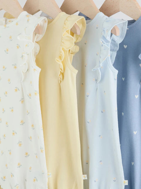 Blue and White Floral Printed Baby Rompers 4 Pack