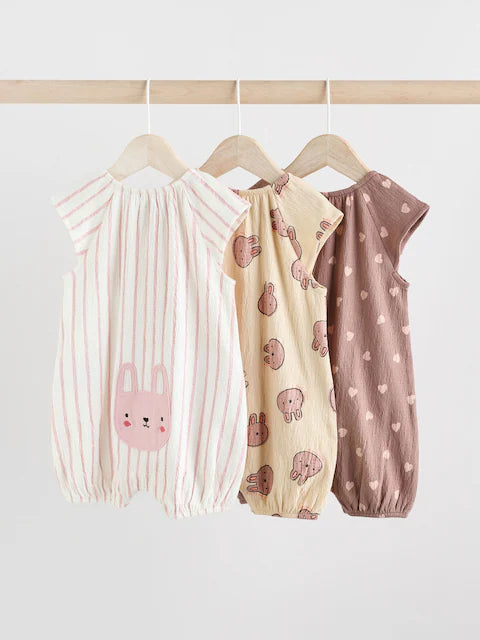 Bunny Mocha Printed Embroidered Baby 3 Pack Rompers