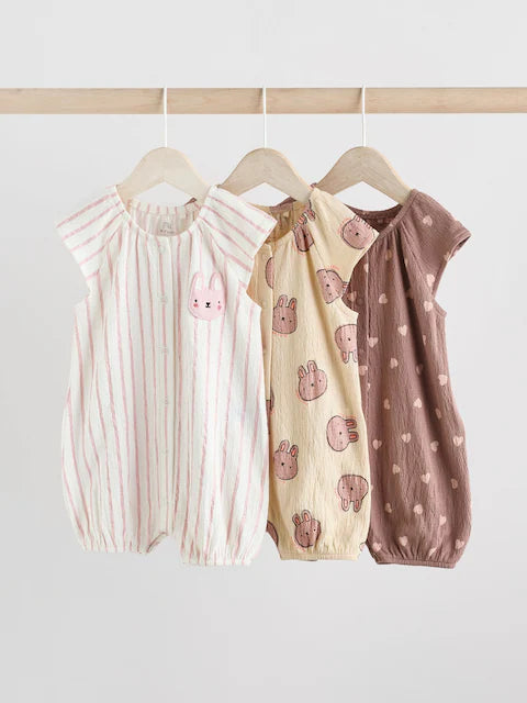 Bunny Mocha Printed Embroidered Baby 3 Pack Rompers