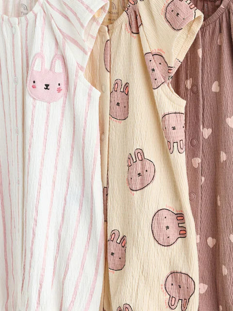 Bunny Mocha Printed Embroidered Baby 3 Pack Rompers