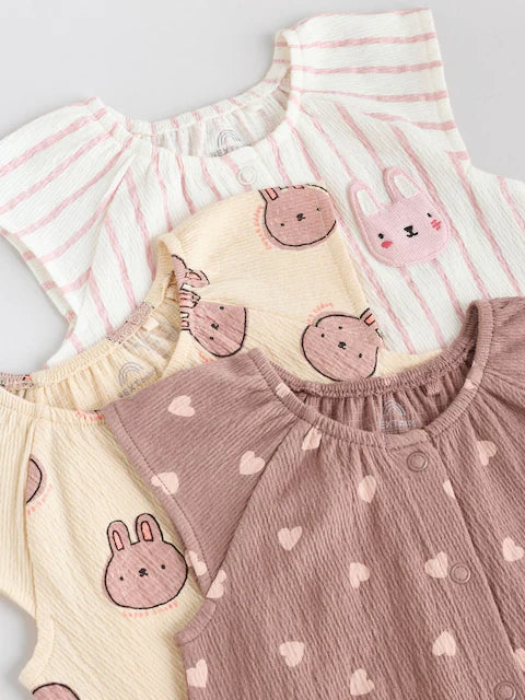 Bunny Mocha Printed Embroidered Baby 3 Pack Rompers