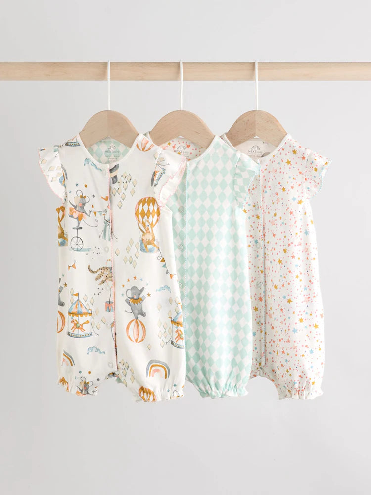 Multi Pastel Animal Print Baby 100% Cotton Rompers 3 Pack