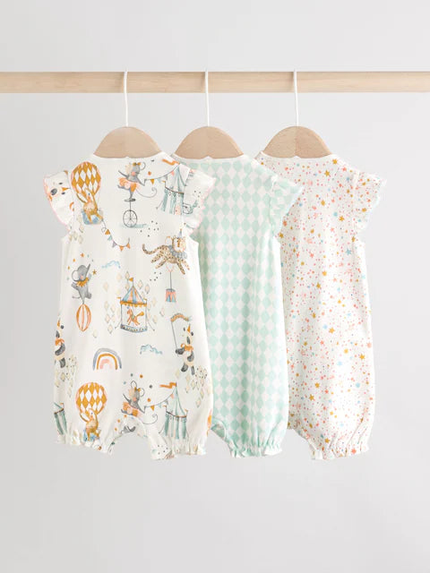 Multi Pastel Animal Print Baby 100% Cotton Rompers 3 Pack