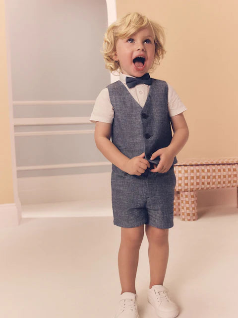 Navy Cotton/Linen Blend Waistcoat, Shirt, Short & Bow Tie Set