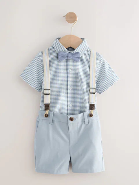 Blue Gingham Shirt, Shorts, Bow Tie & Braces Set