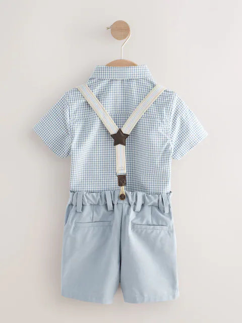 Blue Gingham Shirt, Shorts, Bow Tie & Braces Set