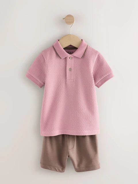 Pink Short Sleeve Textured Polo Shirt and Shorts Set
