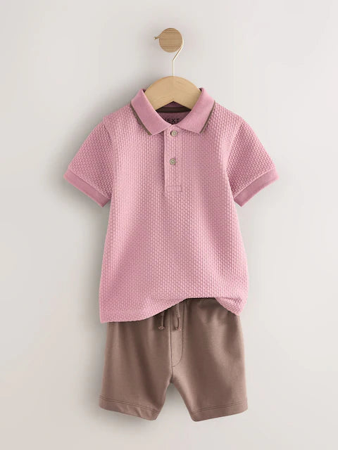 Pink Short Sleeve Textured Polo Shirt and Shorts Set