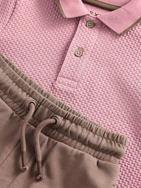 Pink Short Sleeve Textured Polo Shirt and Shorts Set