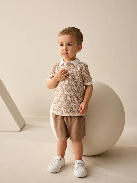 Ecru Abstract Print Short Sleeve Polo Shirt And Shorts Set