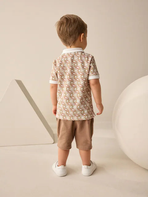 Ecru Abstract Print Short Sleeve Polo Shirt And Shorts Set