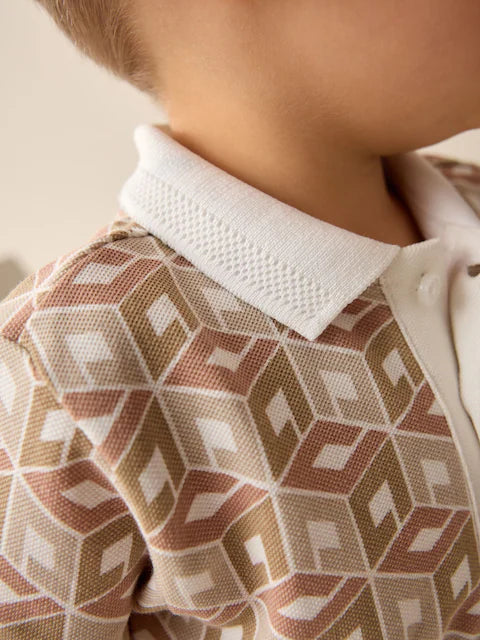 Ecru Abstract Print Short Sleeve Polo Shirt And Shorts Set