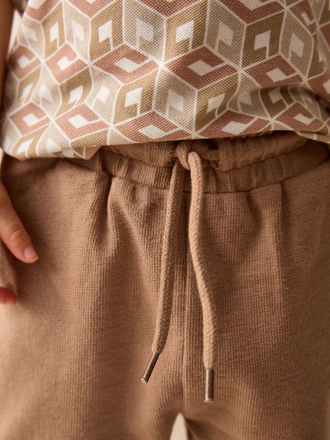 Ecru Abstract Print Short Sleeve Polo Shirt And Shorts Set