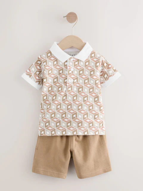 Ecru Abstract Print Short Sleeve Polo Shirt And Shorts Set