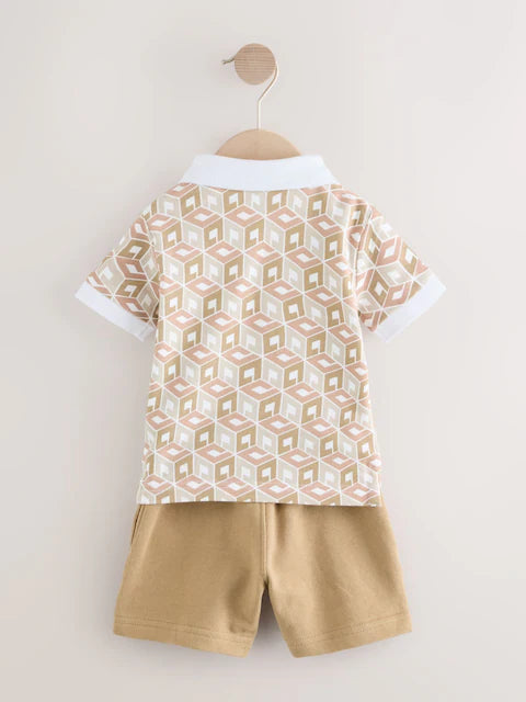 Ecru Abstract Print Short Sleeve Polo Shirt And Shorts Set