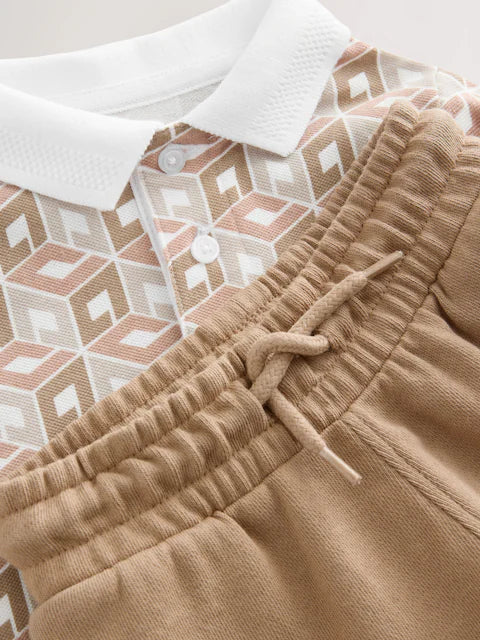 Ecru Abstract Print Short Sleeve Polo Shirt And Shorts Set