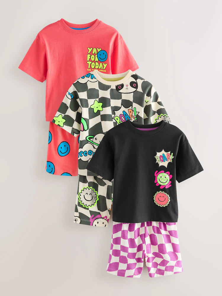 Multi Bright Checkerboard Happy Face Short Pyjamas 3 Pack