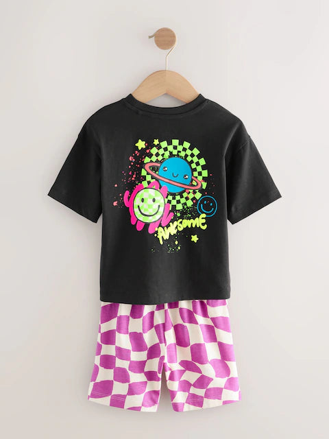 Multi Bright Checkerboard Happy Face Short Pyjamas 3 Pack