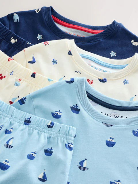 Blue/Ecru Short Pyjamas 3 Pack