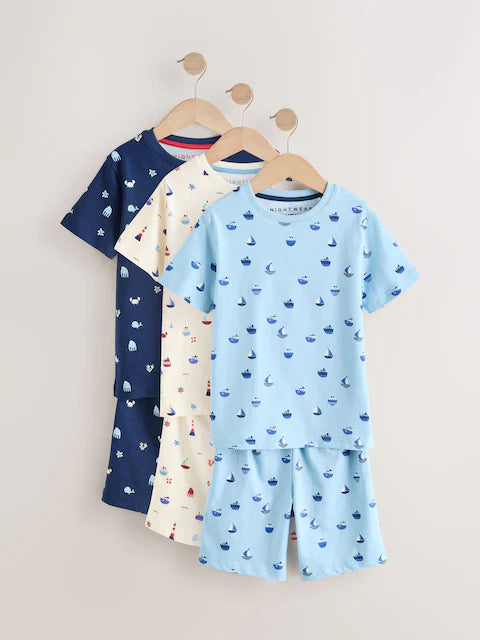 Blue/Ecru Short Pyjamas 3 Pack