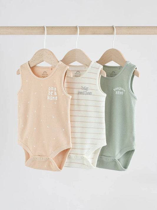 Neutral Brown/ Mint Green Vest Bodysuits 3 Pack